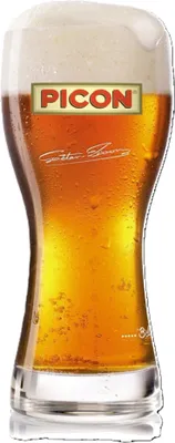 A glass of amber-colored beer with a foamy head, featuring a brand logo.
