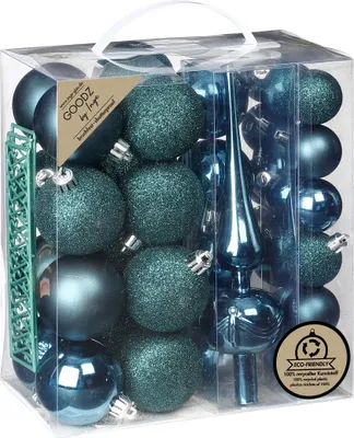 Produktbild von Weihnachtskugeln Kunststoff 4-6cm mit Baumspitze 39er Set - Emerald