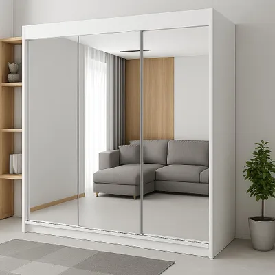 Zdjęcie produktu dla Szafa 3-drzwiowa przesuwna RIO-1 180x215cm biała – fronty z luster, w zestawie półki, drążki, funkcjonalna i praktyczna