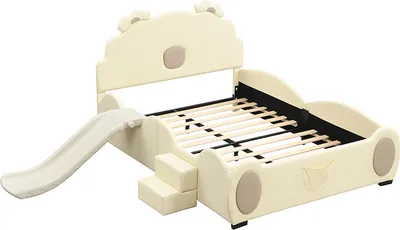 Produktbild von MODFU Kinderbett Polsterbett 140×200 cm mit LED-Farbwechsellicht und Rutsche, Jugendbett Einzelbett mit Leiter und Kopfteil in Bärenform(Ohne Matratze), PolyurethanBeige