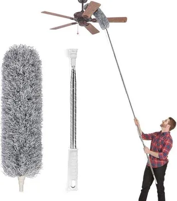 Image de Plumeau télescopique avec tige télescopique en acier inoxydable, chiffon en microfibre, brosse à poussière à embout flexible, élimine facilement la poussière et les toiles d'araignée, extra-long (78 à 245 cm)