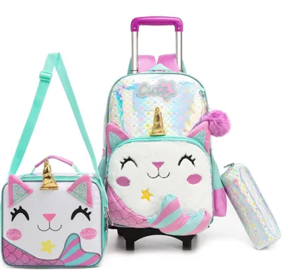 Produktbild von Schulranzen Trolley mit Rollen für Mädchen, Meerjungfrau & Katze Design, 42x30x20cm, inkl. Lunchtasche & Federmäppchen