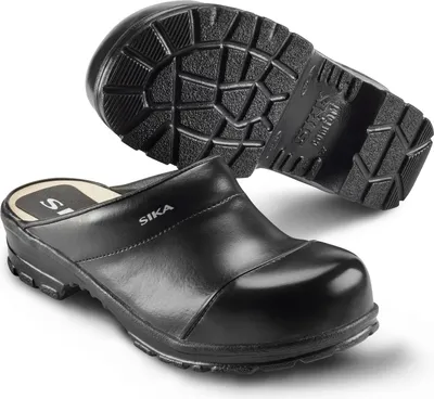 A pair of black Sika clogs, with one clog shown from the side and the other from the sole.