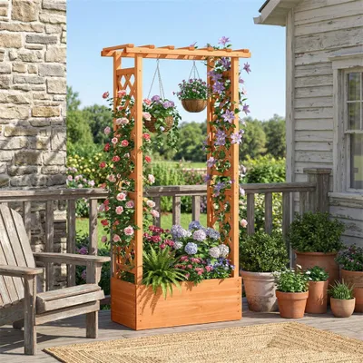 Image de Jardinière surélevée Zerbaco, avec treillis et auvent, en bois, pour plantes grimpantes, 66 x 32 x 152 cm, orange