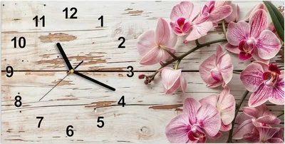 Produktbild von Wanduhr aus Glas mit Motiv Orchideen auf Holz- 60 x 30 cm - inkl. Aufhängesystem