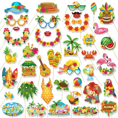 Fotorequisiten-Set, 42-teilig, Hawaii-Motive, Karton, Strandparty