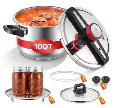 Immagine prodotto di VEVOR Pentola a pressione 9 L, pentola a vapore in acciaio inossidabile con inserto per cottura a vapore e coperchio in vetro temperato e 3 livelli di pressione per carne, fagioli, riso, zuppe, salse, pentola a pressione fino a 100 kPa