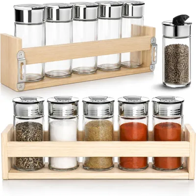 Produktbild von Salz- & Pfefferstreuer COM-FOUR 12-teiliges Gewürzstreuer-Set, Glasbehälter mit Deckel im Holzgestell, Salz- und Pfefferstreuer für Küche und Aufbewah