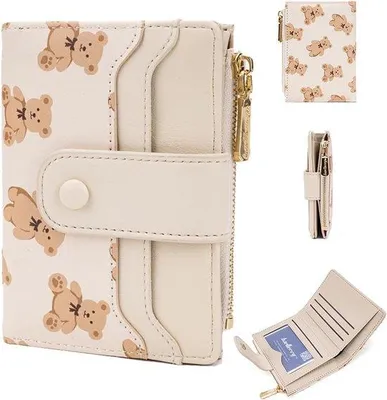 Immagine prodotto di Portafoglio da donna compatto, piccola chiusura in velcro, motivo a rilievo con orsi, portafoglio da donna con protezione RFID, diversi scomparti, alla moda e pratico - bianco sporco