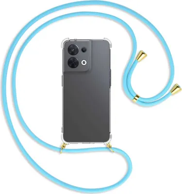 Produktbild von Handykette Backcover-Schutzhülle mit Band (Metall goldfarben) für Oppo Reno8 5G (CPH2359, 6.4'') - himmelblau