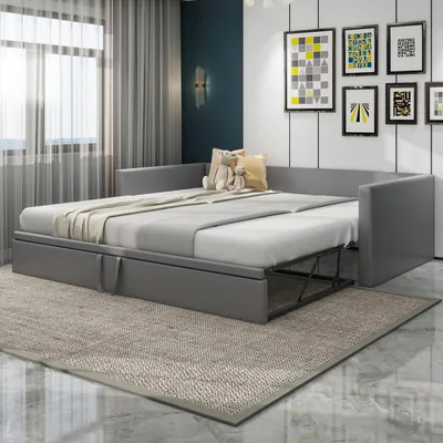 Image de OKWISH Lit Gigogne 90/180x200 cm - Lit Multifonction, Tissu Velours Gris, Sans Matelas