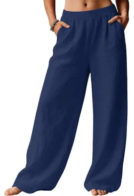 Produktbild von ASKSA Damen Sommer Hose Casual Strandhose Weite Bein Freizeithose Elegant Einfarbig Sommerhose Leichte Leinen Stoffhose mit Taschen (Dunkelblau,M)
