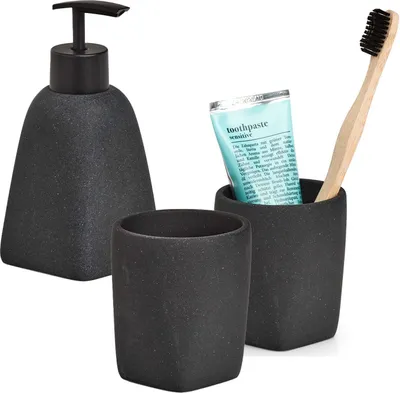 Produktbild von 3-teiliges Badezimmer-Set Dark Stone schwarz matt, Badzubehör-Set besteht aus: Seifenspender, 2x Zahnputzbecher, moderne Badausstattung von Zeller