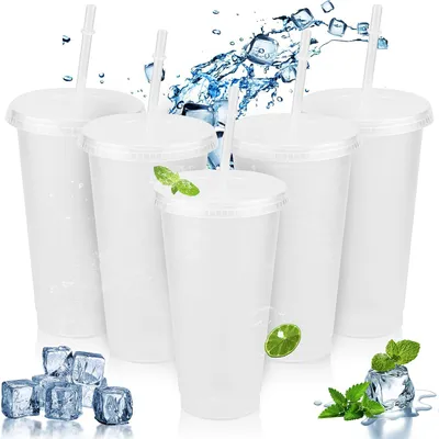Immagine prodotto di Set di 5 bicchieri di plastica riutilizzabili con coperchio e cannuccia