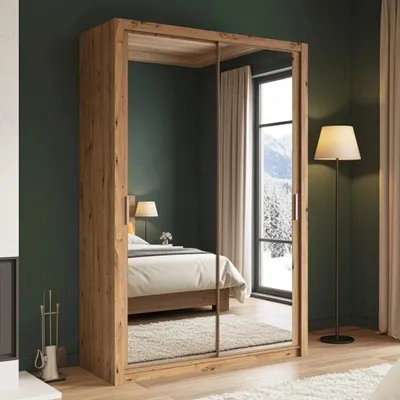 Productafbeelding van Schuifdeurkast Zenit, 150 cm, garderobekast, stijlvolle slaapkamerkast (kleur: artisan eikenhout, met spiegel)