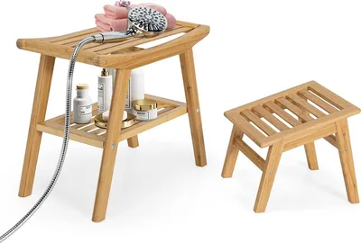 Produktbild von GOPLUS Bambus Badhocker, Sitzbank mit Fußhocker, Duschbank mit Lagerregal, Holzbank und Hocker Set für Drinnen und Draußen