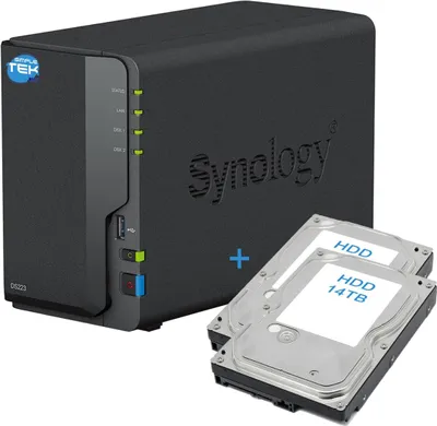 Produktbild von Synology DS223 NAS, 2-fach, für zwei Festplatten, 14 TB, mit vorinstallierter SATA-Schnittstelle, Ethernet- und LAN-Anschluss, IP-fähig