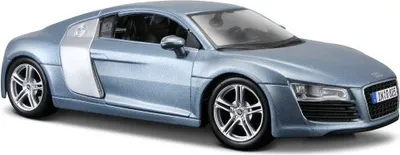 A blue and silver Audi R8 model car is shown from a three-quarter front angle against a white background.
