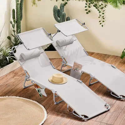 Produktbild von SoBuy 2-er Set Sonnenliege mit Sonnendach und Kopfkissen Auflage klappbare Gartenliege Relaxstuhl für Gärten, Höfe, Strände, Balkone Beige OGS48-MIx2