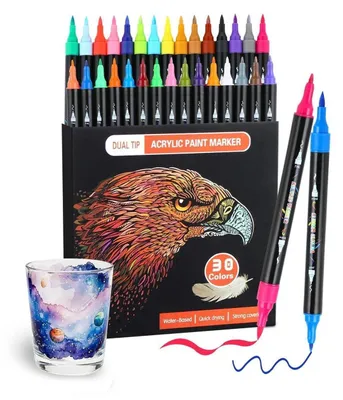 Immagine prodotto di Set di pennarelli acrilici, 30 colori, punta doppia (pennello e punta fine), resistenti all'acqua, adatti per legno, tela, pietra, vetro e Vetroceramica