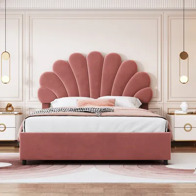 Produktbild von okwish Jugendbett Boxspringbett Polsterbett 140 x 200 cm mit verstellbares Kopfteil in geblümtemform und Lattenrost, Hydraulisches Stauraumbett mit Bettkasten Stauraum(Ohne Matratze)- Rosa