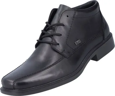 A black leather men's boot is shown against a white background.