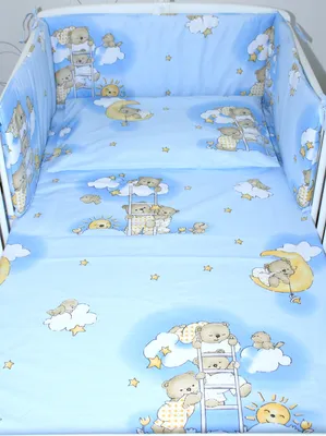 Produktbild von Primawela Baby Bettset - 6 teiliges Set mit Vollstoff Himmel Bettwäsche Nestchen 23. Bärchen auf Leitern Blau