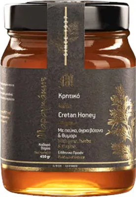 Produktbild von Kretischer Honig Kiefer Wildkräuter und Thymian 450g im Glas aus Kreta von Maragkakis Family. Reichhaltiger Geschmack, weiche Textur.