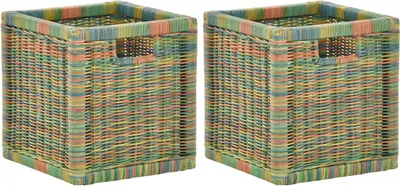 Produktbild von KRINES HOME Stabiles Set / 2 Regalkorb mit Holzrahmen Schubfach aus echtem Rattan / Schübe Box zur Aufbewahrung Regalkorb Schrankkorb Griff (Bunt, Set 28x29x30)