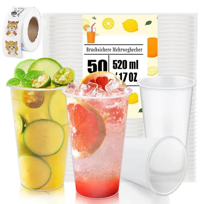 Produktbild von Plastikbecher - Einwegbecher - 520 ml - 50 Stück - Mattiert - Stapelbar - Spülmaschinenfest - Weiß