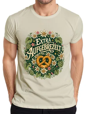 Productafbeelding van Oktoberfest-broodje met extra toppings, Edelweiß-motief, lederen broek, traditionele jurk (Dirndl), heren T-shirt, natuurlijke kleur, maat S