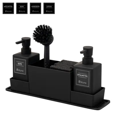 Zdjęcie produktu dla Organizer do zlewu eluno z powierzchnią Soft-Touch, dozownikiem mydła, półką, szczotką do zmywania, gąbkami do zmywania i innymi dodatkami, czarny