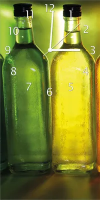 Produktbild von Wallario Design Wanduhr bedruckt, Größe 30 x 60 cm, Motiv: Bunte Flaschen im Regal