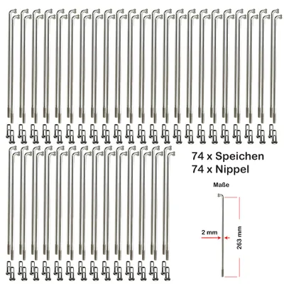 Produktbild von 74 Stück Speichen 263mm Spokes silber NIROSTA 2mm inkl. Messing Speichennippel