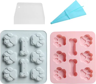 Produktbild von 2 Stück Silikonformen Hündchen Pfoten- Und Knochenform 2 In 1, 8 Mulden, Wiederverwendbare Eisbonbonschalen, Schokoladenkekse, Backformen, Mit Spritzbeutel Und Schaber