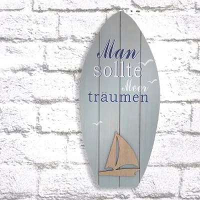 Produktbild von Surfbrett Board Aqua blau creme Holz Maritim Meer Segelboot Hänger B16cm H35cm Deko