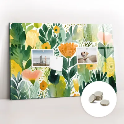 Obrázek produktu pro Magnetická Tabule na Zeď Skleněná - Memo Board Kleněnou Přední Stranou - 5 magnetů v balení - 60x40 cm - Akvarelové květiny