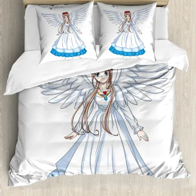 Produktbild von ABAKUHAUS Anime Bettbezug, Cartoon mit Angel Wings, Milbensicher Allergiker geeignet mit Kissenbezügen, 200 cm x 200 cm - 80 x 80 cm, Weiß Blau