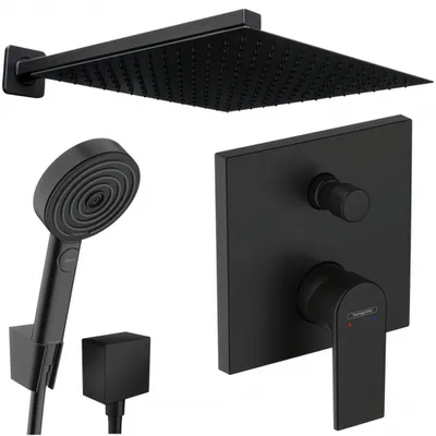 A black shower system with a rain shower head, hand shower, and control valve.