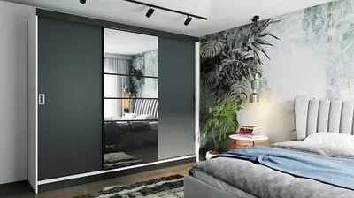 Produktbild von FurMeb24 Schiebetrenschrank RETRO 6 -200x205cm Kleiderschrank mit Spiegel, 3-triger Schiebeschrank (Weiss / Graphit Antrazit + Spiegel und Beschl€ge)