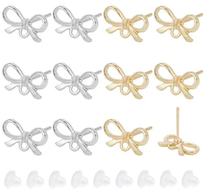 Image de Paire de supports pour boucles d'oreilles avec motif en relief, bicolores, en alliage, avec des tiges en acier inoxydable 304. Inclut 60 écrous en plastique. Lot de 60 pièces avec œillet