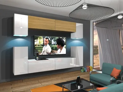 Produktbild von Furnitech Wohnwand Wohnzimmer - Wohnzimmer Möbel mit LED RGB - 16 Farben - Hängend Wohnwand Modern - Regale und TV Schrank (Rodos AN43-17WD-HGM51 1A)