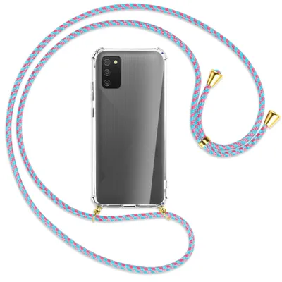 Produktbild von Handykette Backcover-Schutzhülle mit Band (Metall goldfarben) für Samsung Galaxy A02s - pink/mint