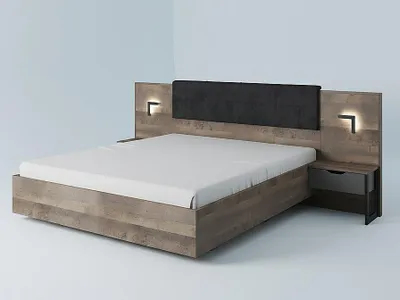 Produktbild von Bett mit Nachttischen 160 × 200 cm - LED-Beleuchtung - Farben: Natur und Anthrazit - LAONILE
