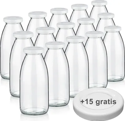 Produktbild von Genieß-Bar! 15 Glasflaschen 250ml, BPA-frei, mit 30 Deckeln (auch für Heißfüllungen geeignet), 33mm Halsöffnung – für Milch, Smoothie, Saft
