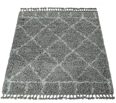 Produktbild von Hochflor Teppich Grau Wohnzimmer Orientalisches Muster Berber Stil Weich Shaggy Grösse 120x170 cm