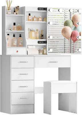 Zdjęcie produktu dla Toaletka z oświetleniem i pochylonym lustrem, wyposażona w 6 szuflad, 6 półek oraz taboret, o wymiarach 36x80x131 cm, w kolorze białym, idealna do sypialni i