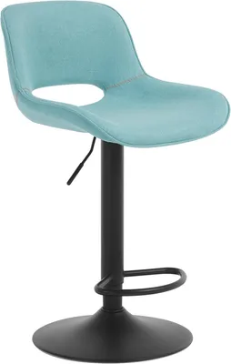 A blue and black adjustable bar stool is shown against a white background.