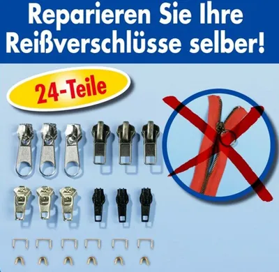A collection of zipper repair parts and a graphic indicating a zipper is not included.