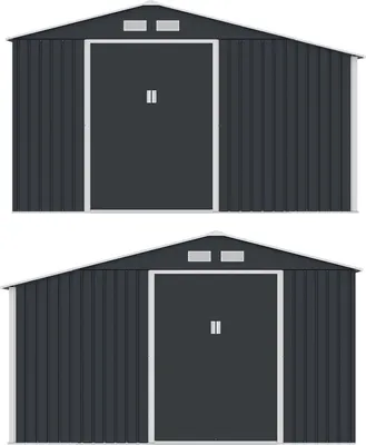 Produktbild von Juskys Metall Gerätehaus XL mit Holzunterstand, Schiebetür, Lüftungsgitter, Fundament - Geräteschuppen Gartenhaus Metallgerätehaus Holzregal - Grau